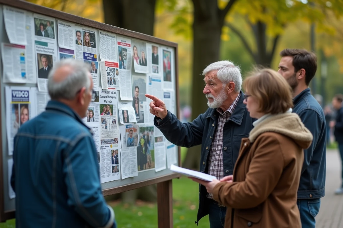 Groupe multigeneration devant un panneau d affiches
