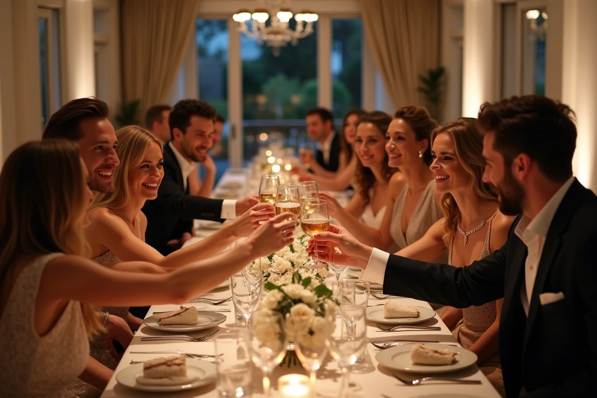 Invites de mariage en pleine célébration dans une salle élégante