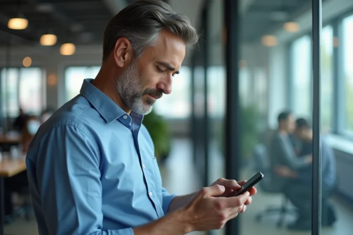 Homme en bureau consultant le journal d'appels de son téléphone pour retrouver un numéro inconnu
