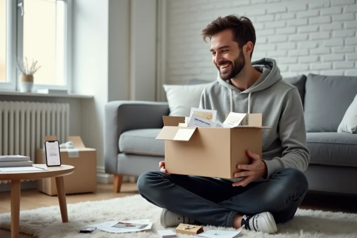 Homme souriant en train de déballer un colis de lots gratuits reçus d'entreprises, avec des échantillons et des cadeaux éparpillés sur un canapé moderne