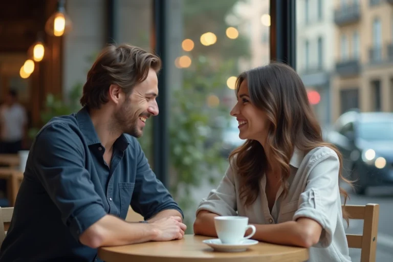Un homme souriant dit 'ma belle' à une femme dans un café, illustrant une expression de tendresse et de séduction au quotidien