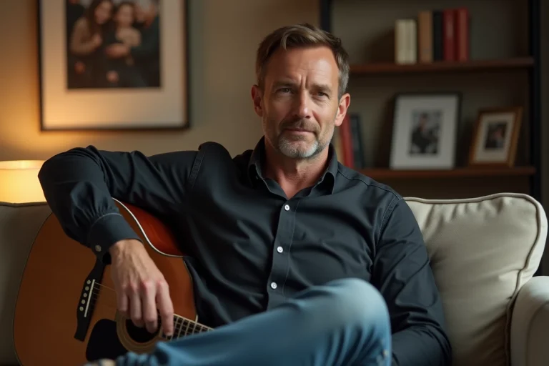 Homme pensif avec guitare dans un salon chaleureux