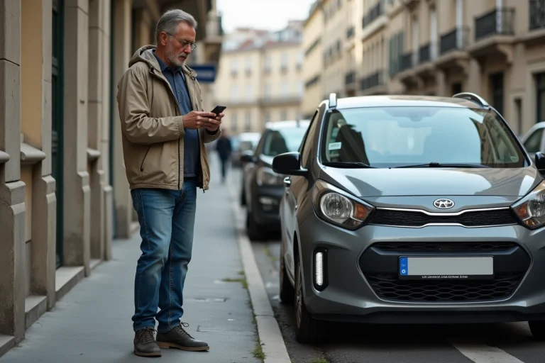 Homme d'âge moyen avec smartphone et voiture usée en ville