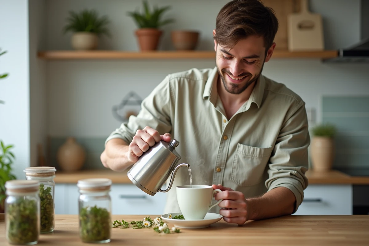 Jeune homme préparant une infusion aux herbes dans la cuisine