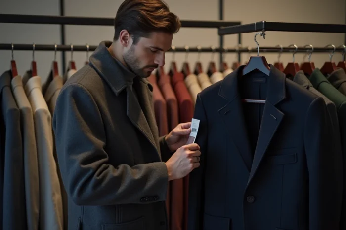 Homme examinant des vêtements d'hiver lors d'une vente privée dans une boutique minimaliste moderne