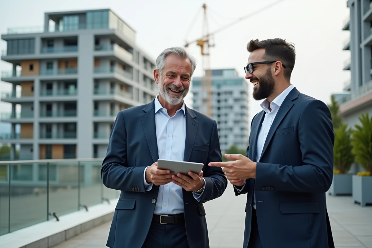 Deux hommes professionnels discutant sur terrasse avec projet immobilier