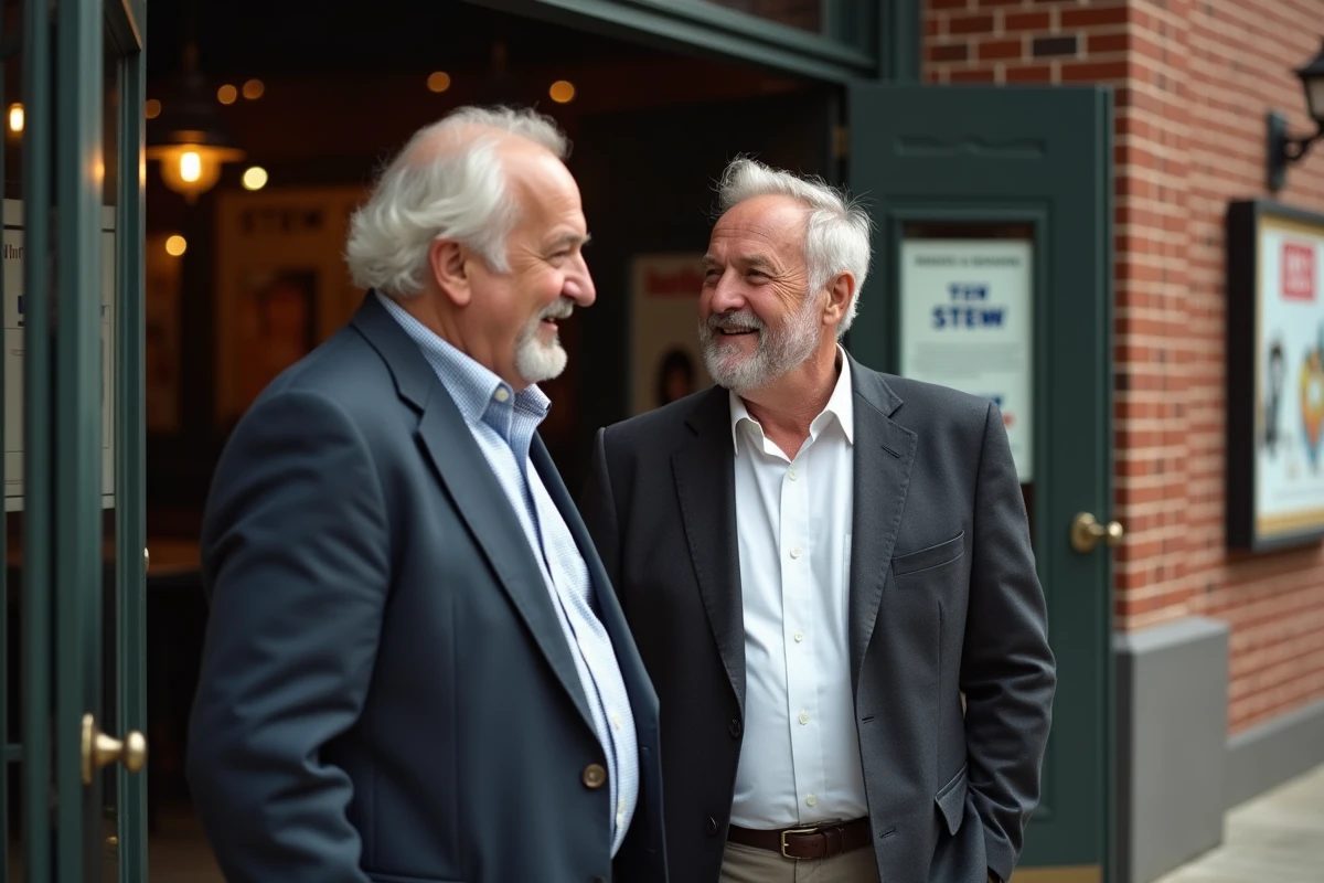 Deux hommes rient devant une vieille salle de cinéma
