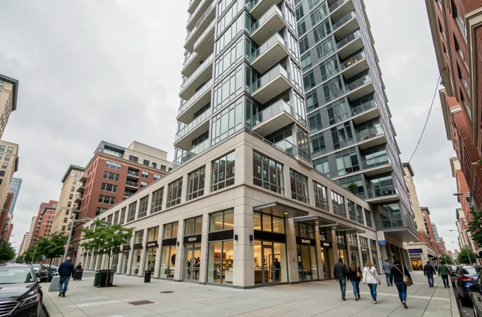 Immeuble moderne à usage mixte représentant un actif immobilier coté en bourse dans un quartier urbain