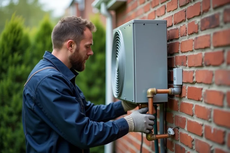 Technicien installant une pompe à chaleur air eau sur la façade extérieure d'une maison individuelle