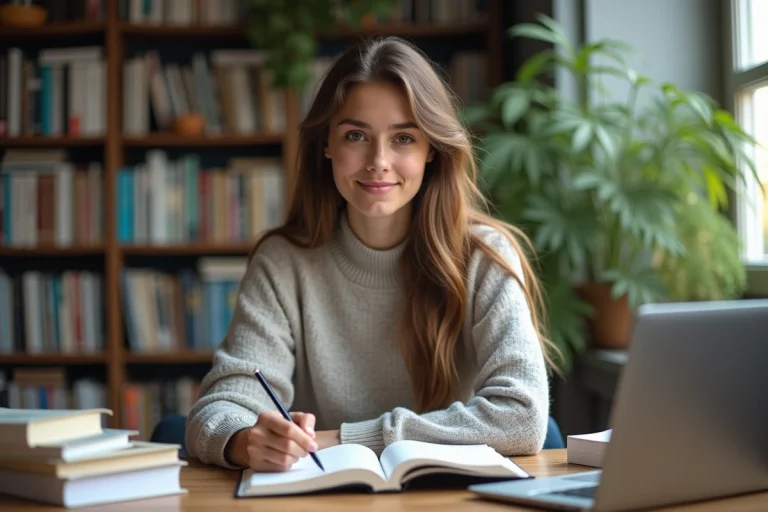 Jeune femme concentrée à étudier chez elle avec livres et notes