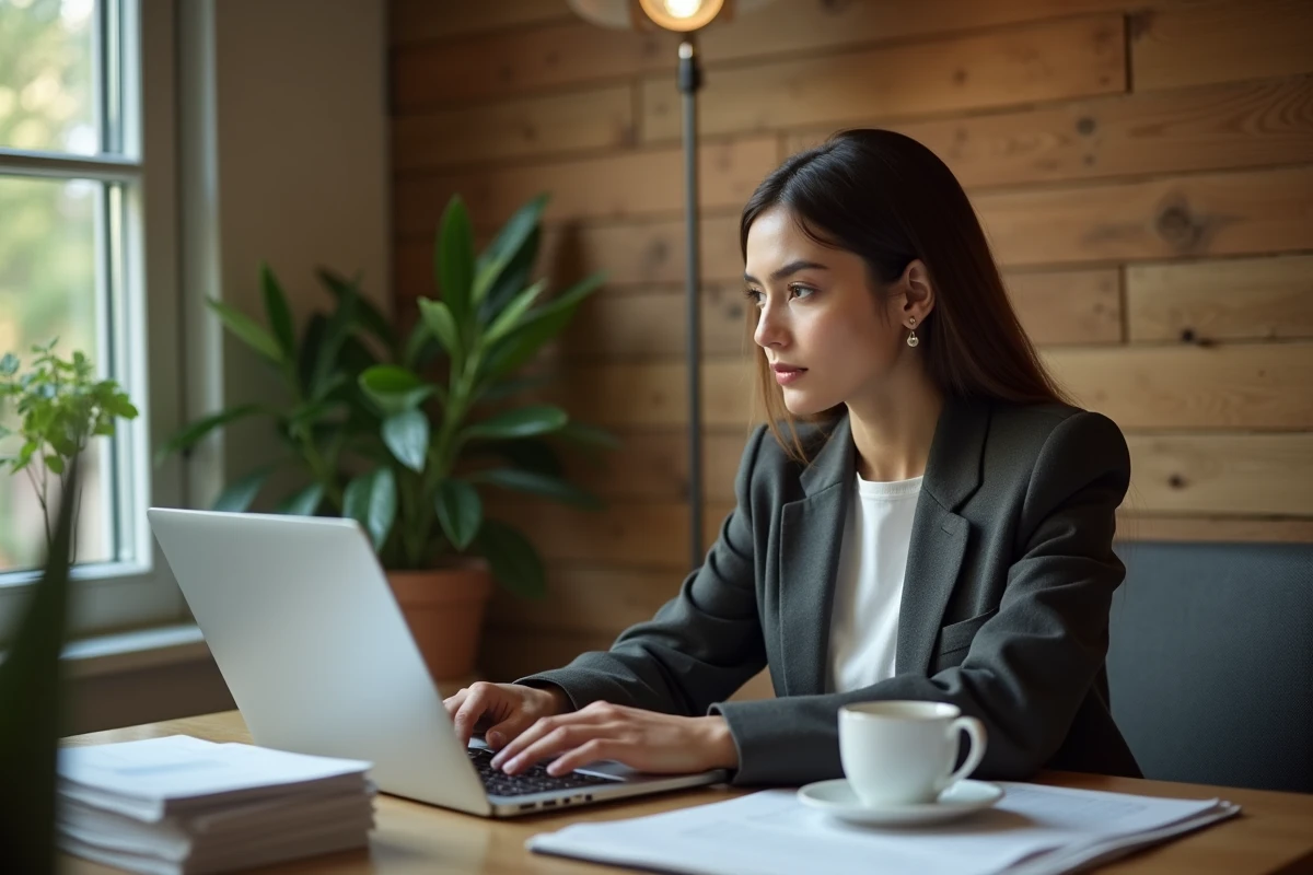 Jeune femme concentrée sur formation en ligne au bureau