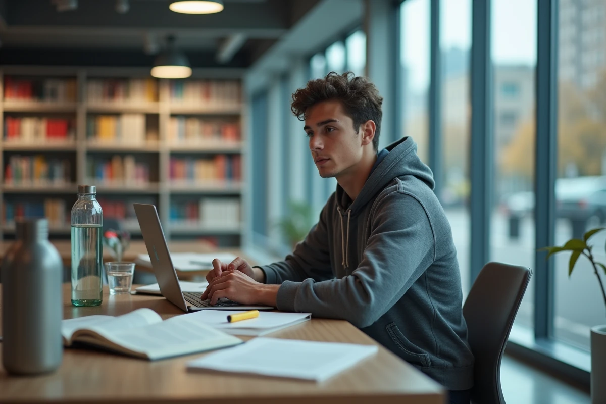 Jeune homme en bibliothèque étudiant avec livre et ordinateur