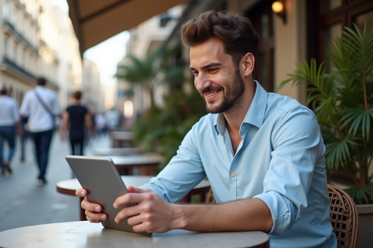 Jeune homme au café tenant une tablette en souriant