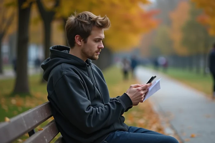 Jeune personne en plein air rappelant un numéro inconnu depuis son téléphone dans un parc urbain