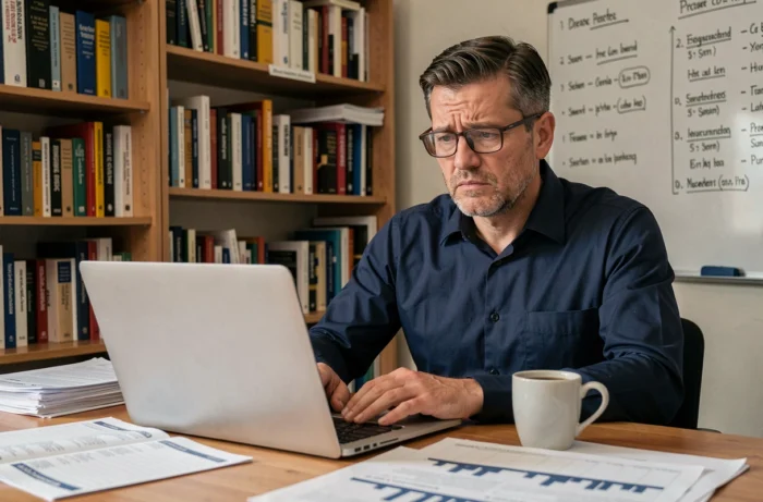 Homme perplexe tentant de joindre le service financier depuis son bureau à domicile