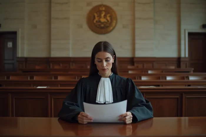 Juge lisant un document juridique dans une salle d'audience française, symbolisant l'application des règles coutumières en droit