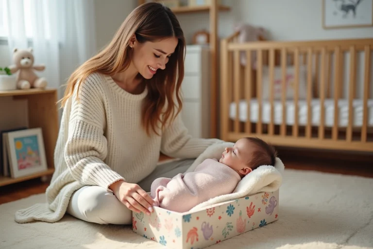 Jeune maman souriante avec bébé dans un cadre chaleureux