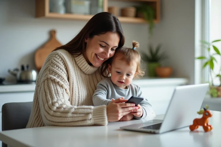 Maman souriante avec son enfant dans la cuisine chaleureuse
