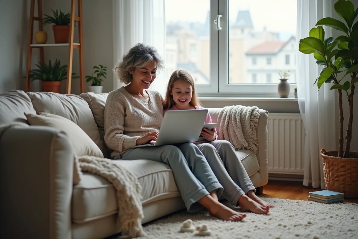Maman et fille concentrées sur leurs appareils dans le salon