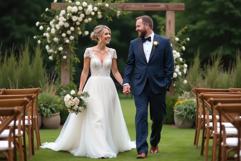 Couple de mariés dans un jardin romantique lors d'un mariage