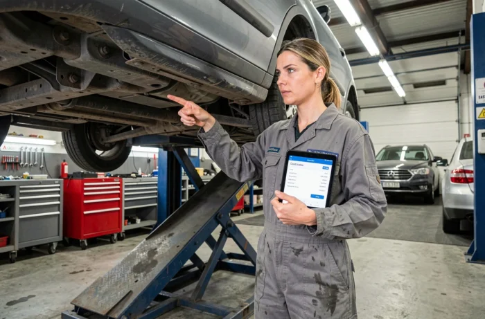 Mécanicienne professionnelle montrant un devis de réparation onéreux sous une voiture surélevée dans un atelier automobile