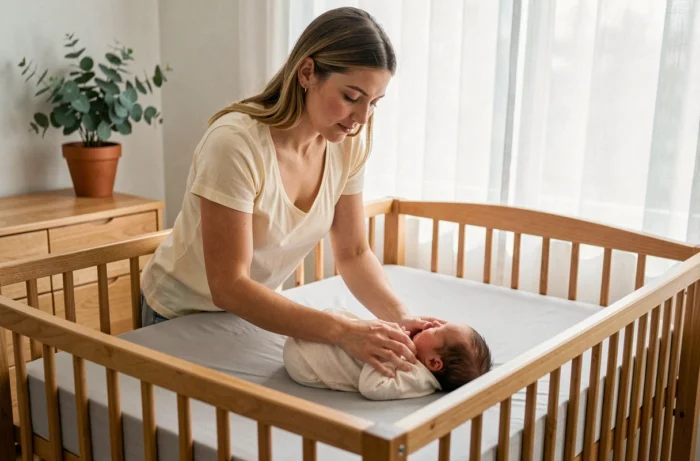 Jeune mère déposant tendrement son nouveau-né dans un berceau en bois dans une chambre de bébé minimaliste et apaisante