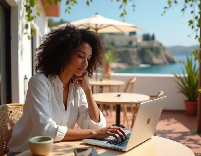 Nomade numérique travaillant sur un ordinateur portable dans un café en terrasse méditerranéenne avec vue sur une ville côtière
