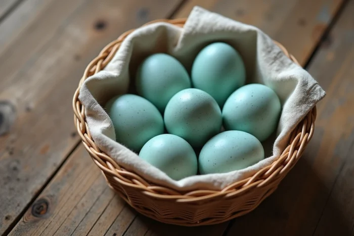 Œufs bleus Araucana dans un panier en osier sur une table en bois rustique, montrant leur texture naturelle et leur couleur bleu-vert distinctive