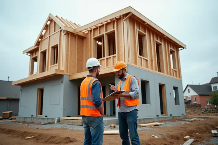 Ouvriers en chantier examinant la structure d'ossature d'une maison en construction