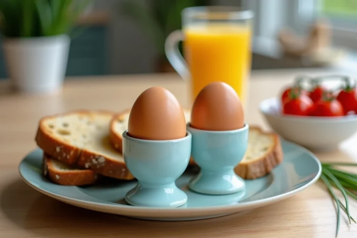 Petit-déjeuner sain avec des œufs bleus à la coque dans des coquetiers en céramique accompagnés de toasts de pain au levain et de tomates cerises sur une table en bois clair
