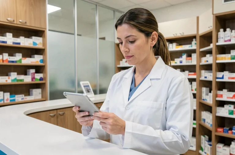 Pharmacienne professionnelle consultant une tablette numérique derrière le comptoir d'une pharmacie moderne pour optimiser la gestion des stocks