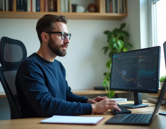 Professionnel en télétravail analysant plusieurs écrans dans un bureau à domicile style scandinave épuré