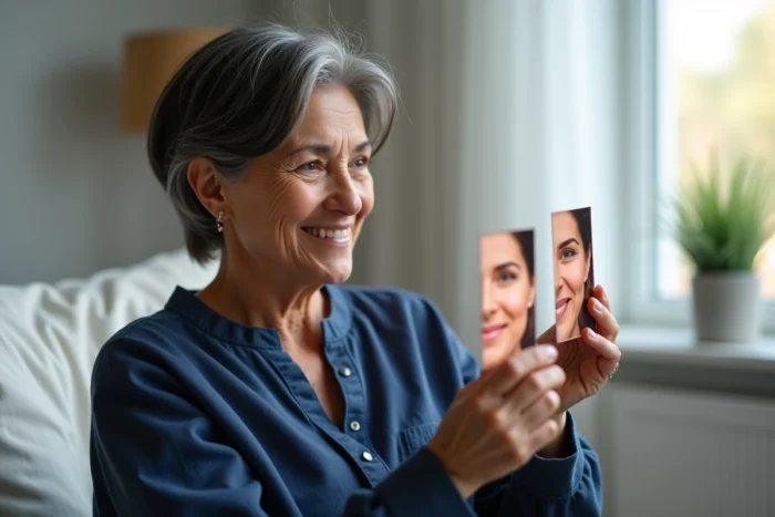Femme tenant des photos avant après Ialuset montrant la transformation de sa peau du visage