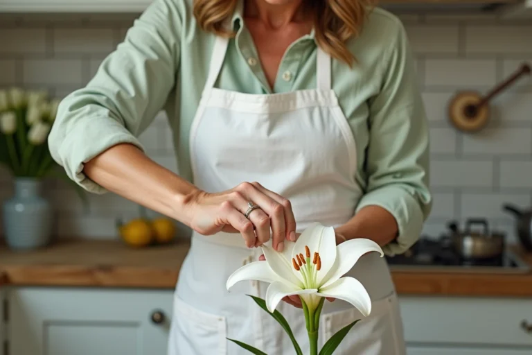 Femme retirant le pistil d'un lys blanc dans une cuisine rustique pour éviter les taches de pollen