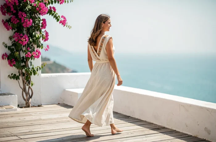 Femme en robe bohème écrue marchant sur une terrasse en bois face à la mer Méditerranée, tendances robes été