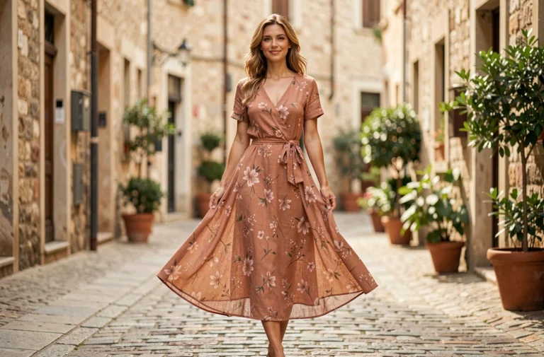 Femme élégante portant une robe midi florale en lin terracotta dans une rue pavée européenne, tendances mode saison
