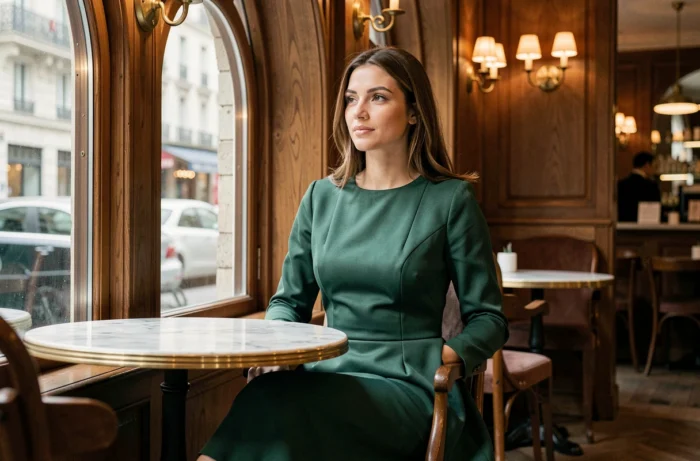 Jeune femme en robe droite vert forêt assise dans un café parisien chic, look mode tendance automne