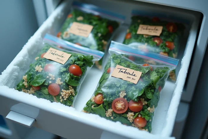 Sachets congélation étiquetés remplis de taboulé portion rangés dans un tiroir de congélateur domestique