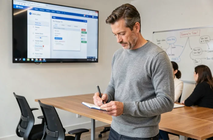 Salarié parisien en formation numérique dans une salle de cours moderne