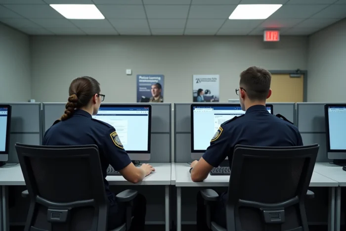 Salle informatique d'académie de police avec des agents suivant une formation en ligne sur eCampus