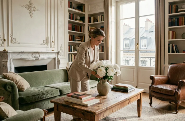 Salon parisien de style haussmannien avec moulures blanches, cheminée en marbre et femme arrangeant des pivoines dans un vase en céramique