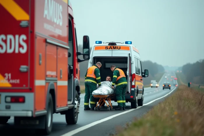 Pompiers et paramédicaux du SAMU prenant en charge un blessé sur le bord de l'autoroute A31
