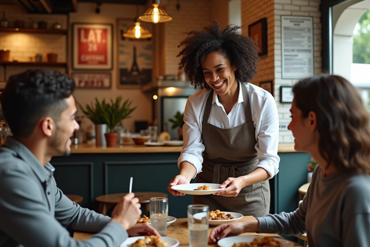 Serveuse souriante servant un plat à un jeune homme avec appareils auditifs