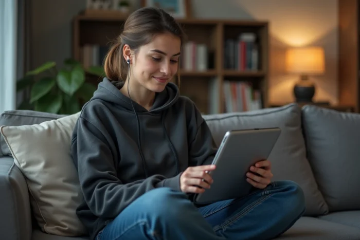 Stagiaire de police suivant une formation en ligne sur tablette depuis son domicile