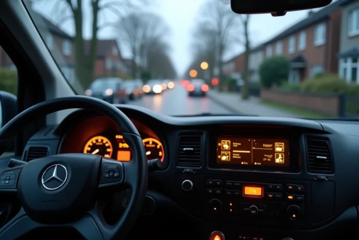 Tableau de bord intérieur d'un Mercedes Vito avec plusieurs voyants orange allumés indiquant des alertes moteur et systèmes électroniques