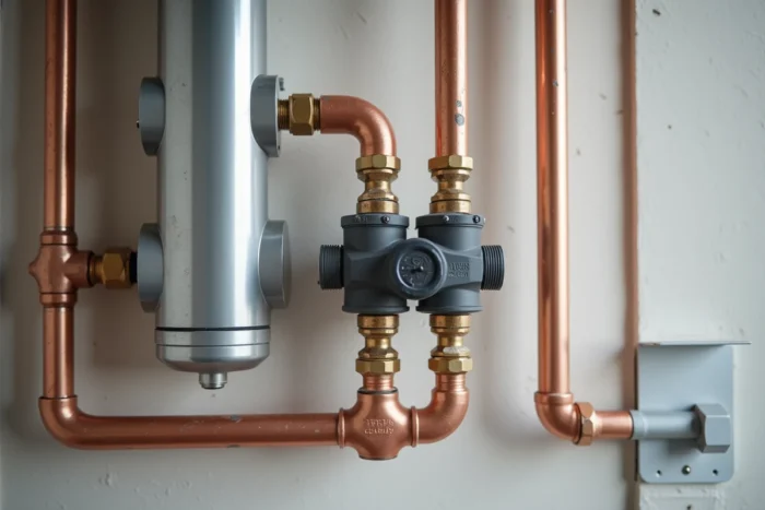 Détail du tableau hydraulique et des connexions de tuyauterie d'une pompe à chaleur air eau en salle technique