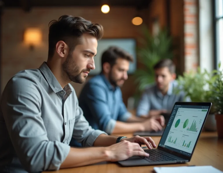 Travailleur nomade concentré sur son ordinateur portable dans un espace de co-working moderne avec briques apparentes et plantes vertes
