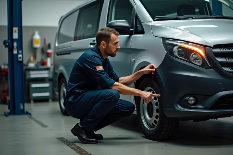 Mécanicien examinant un voyant orange allumé sur le tableau de bord d'un Mercedes Vito dans un atelier automobile professionnel